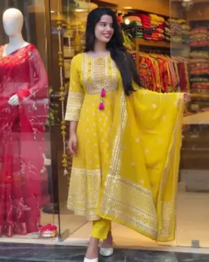 Women Three-Piece Embroidered Kurta with Trousers and Printed Dupatta Festive Set