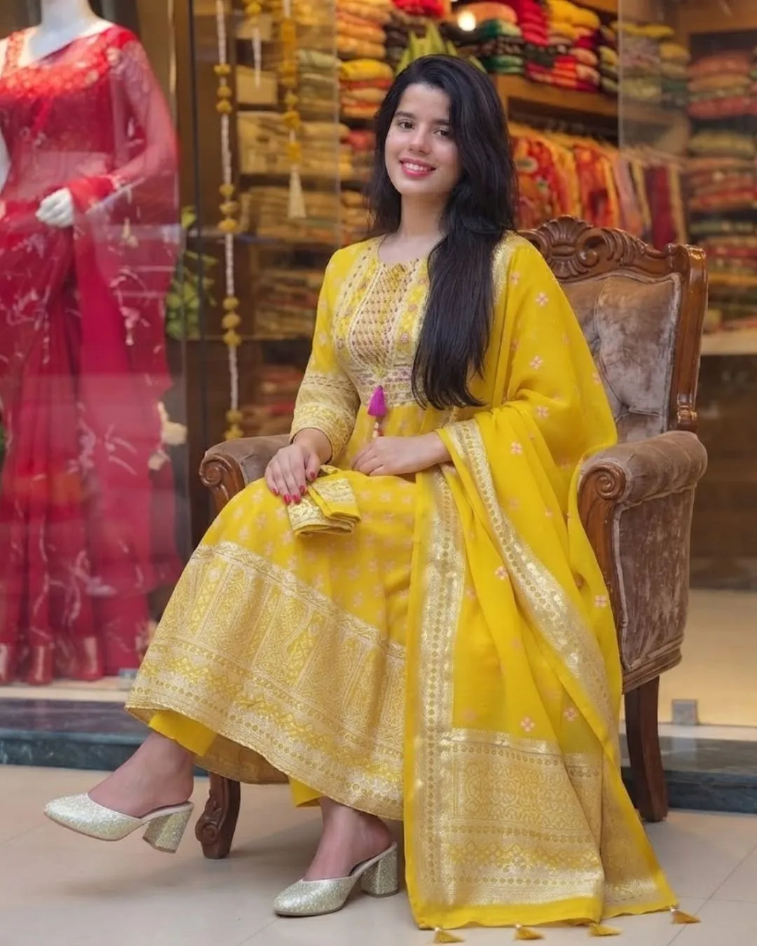Women Three-Piece Embroidered Kurta with Trousers and Printed Dupatta Festive Set - Image 2
