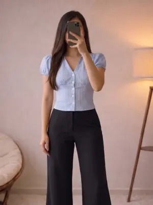 Chic Striped V-Neck top & Tailored Black Trousers Outfit
