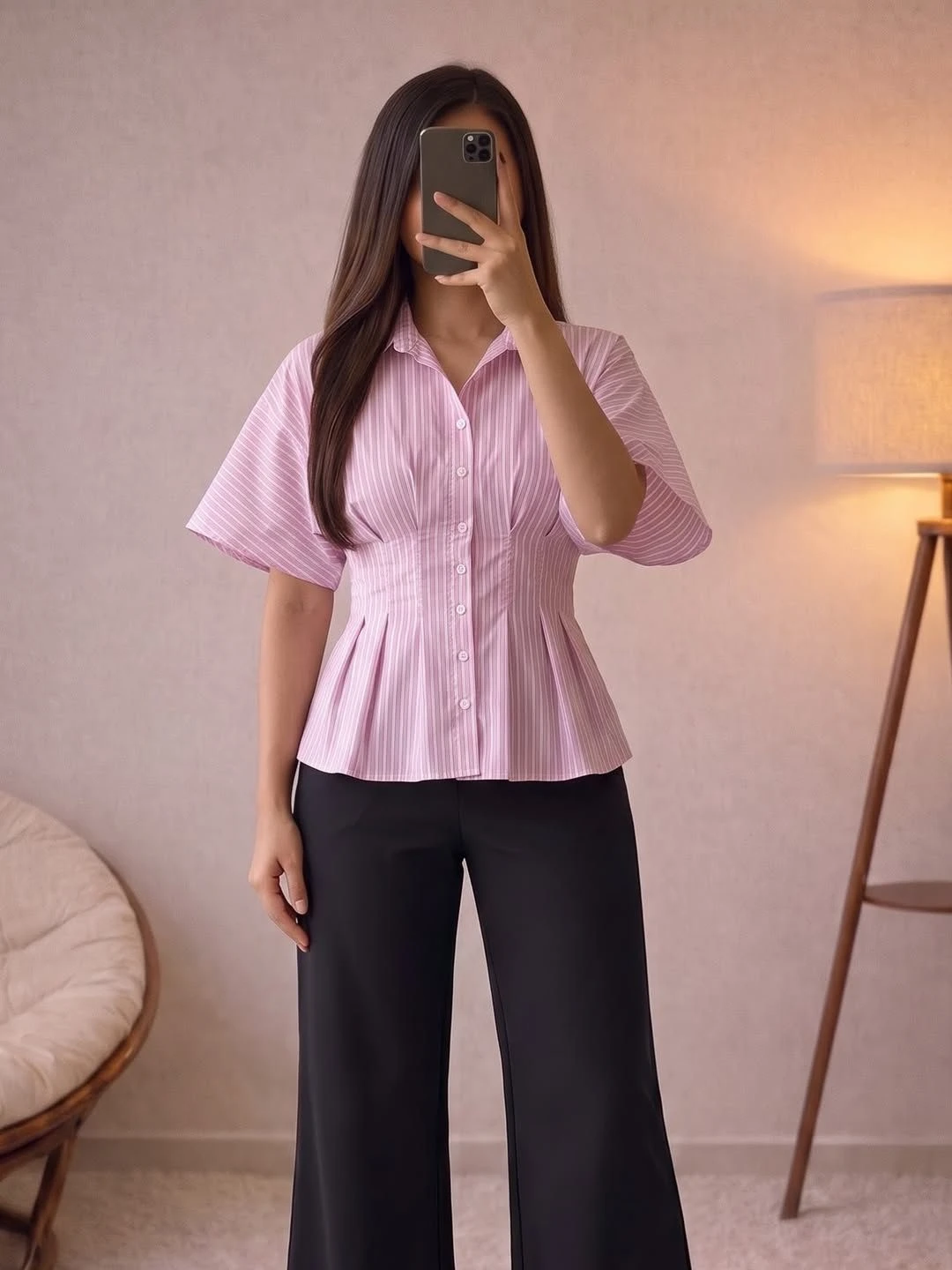 Chic Striped V-Neck top & Tailored Black Trousers Outfit - Image 2