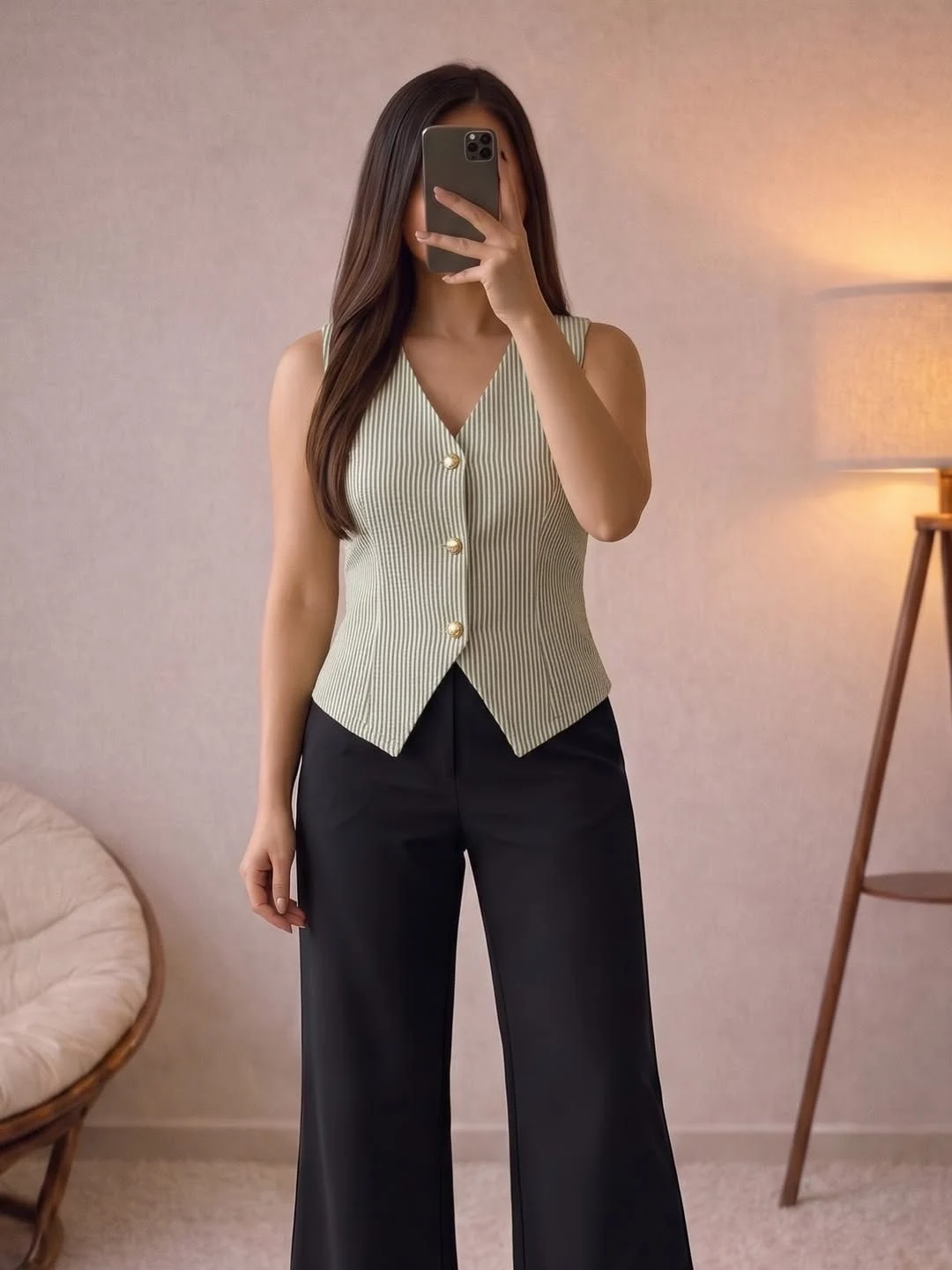 Chic Striped V-Neck top & Tailored Black Trousers Outfit - Image 3