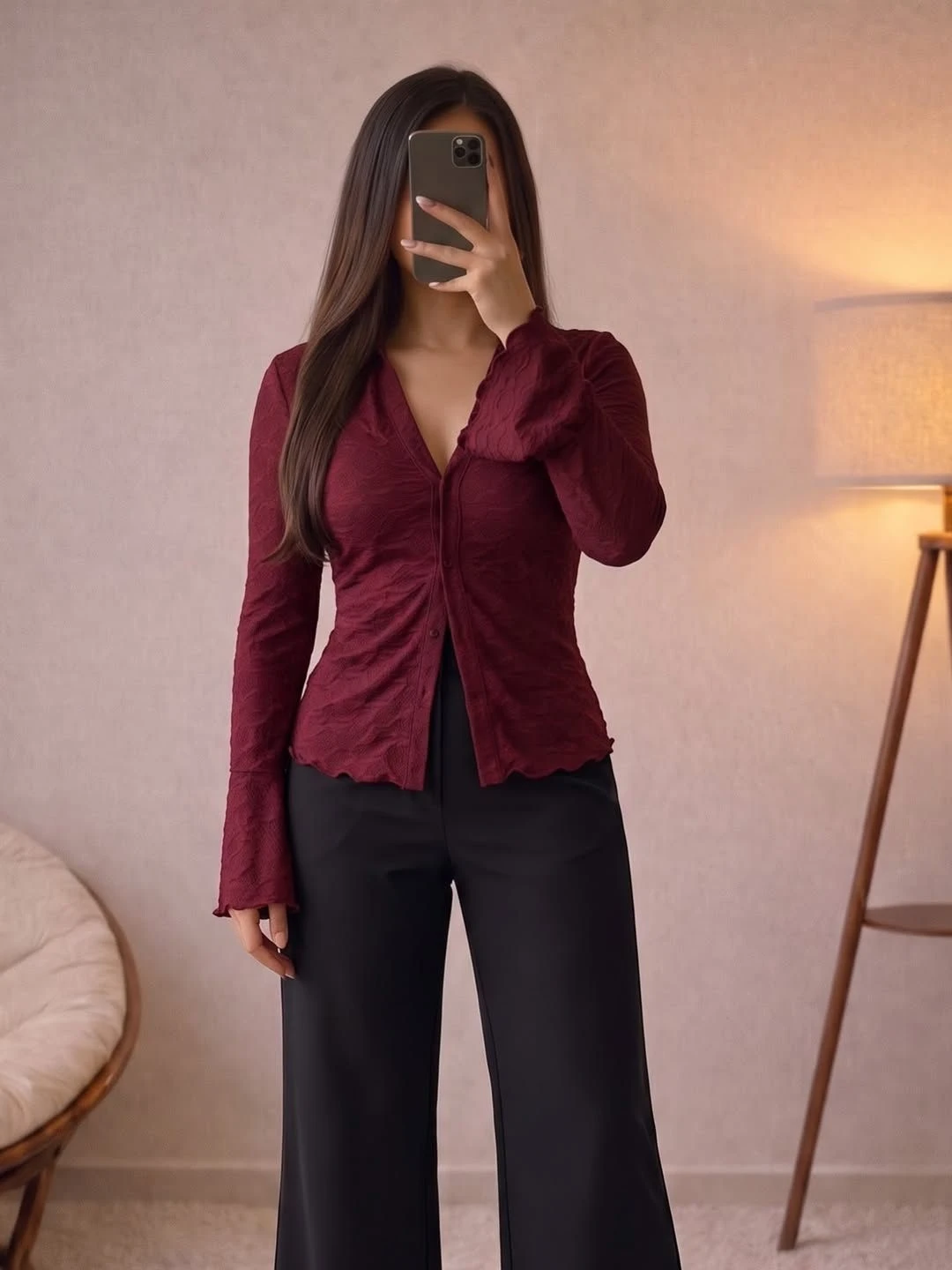 Chic Striped V-Neck top & Tailored Black Trousers Outfit - Image 4