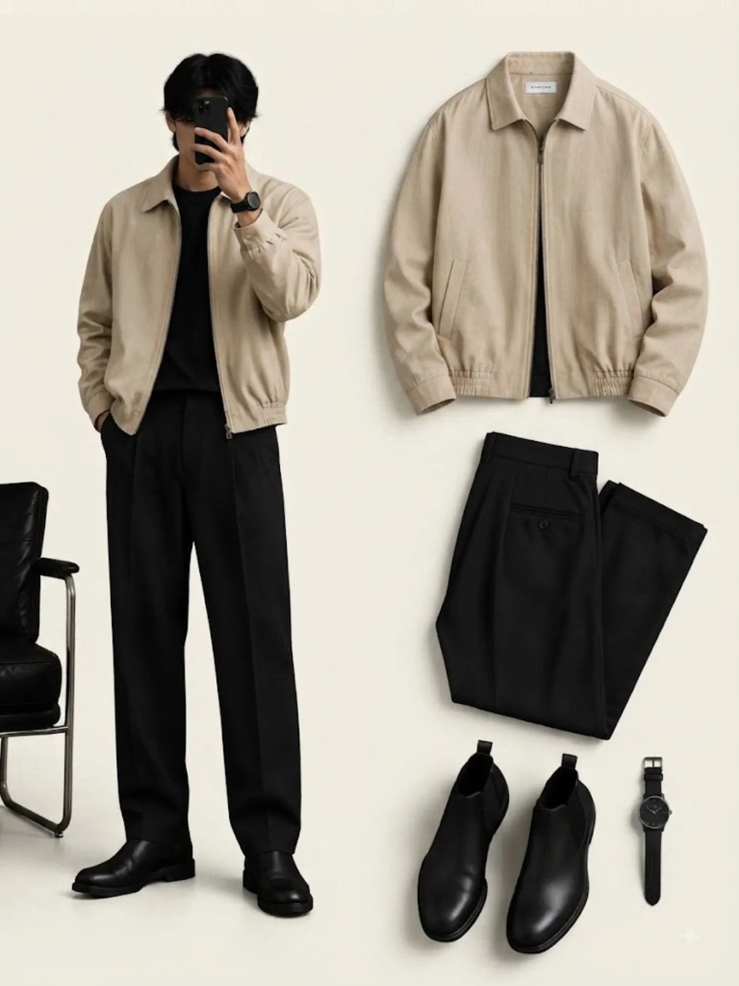 Polished Plaid Zip-Up Jacket & Sleek Black Trouser Ensemble - Image 2