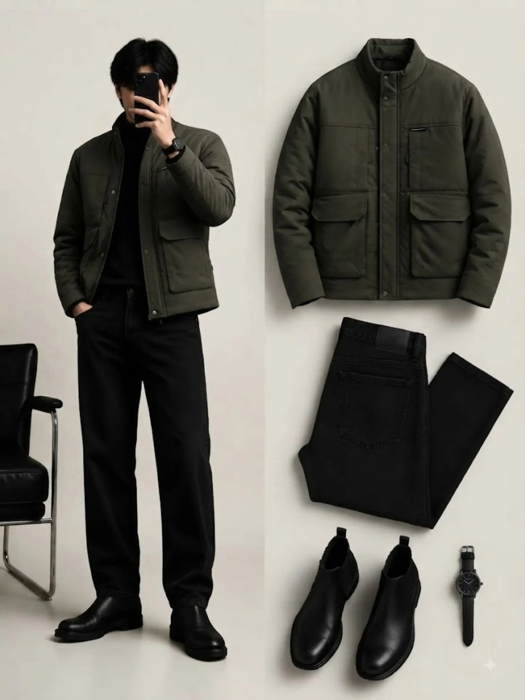 Polished Plaid Zip-Up Jacket & Sleek Black Trouser Ensemble - Image 3