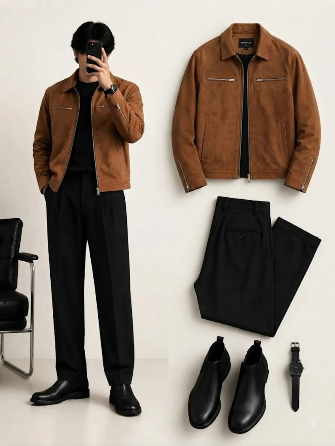 Polished Plaid Zip-Up Jacket & Sleek Black Trouser Ensemble - Image 4