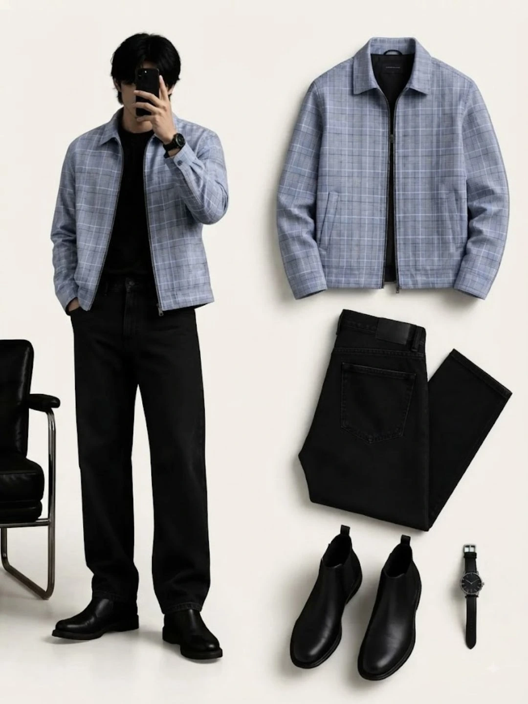 Polished Plaid Zip-Up Jacket & Sleek Black Trouser Ensemble