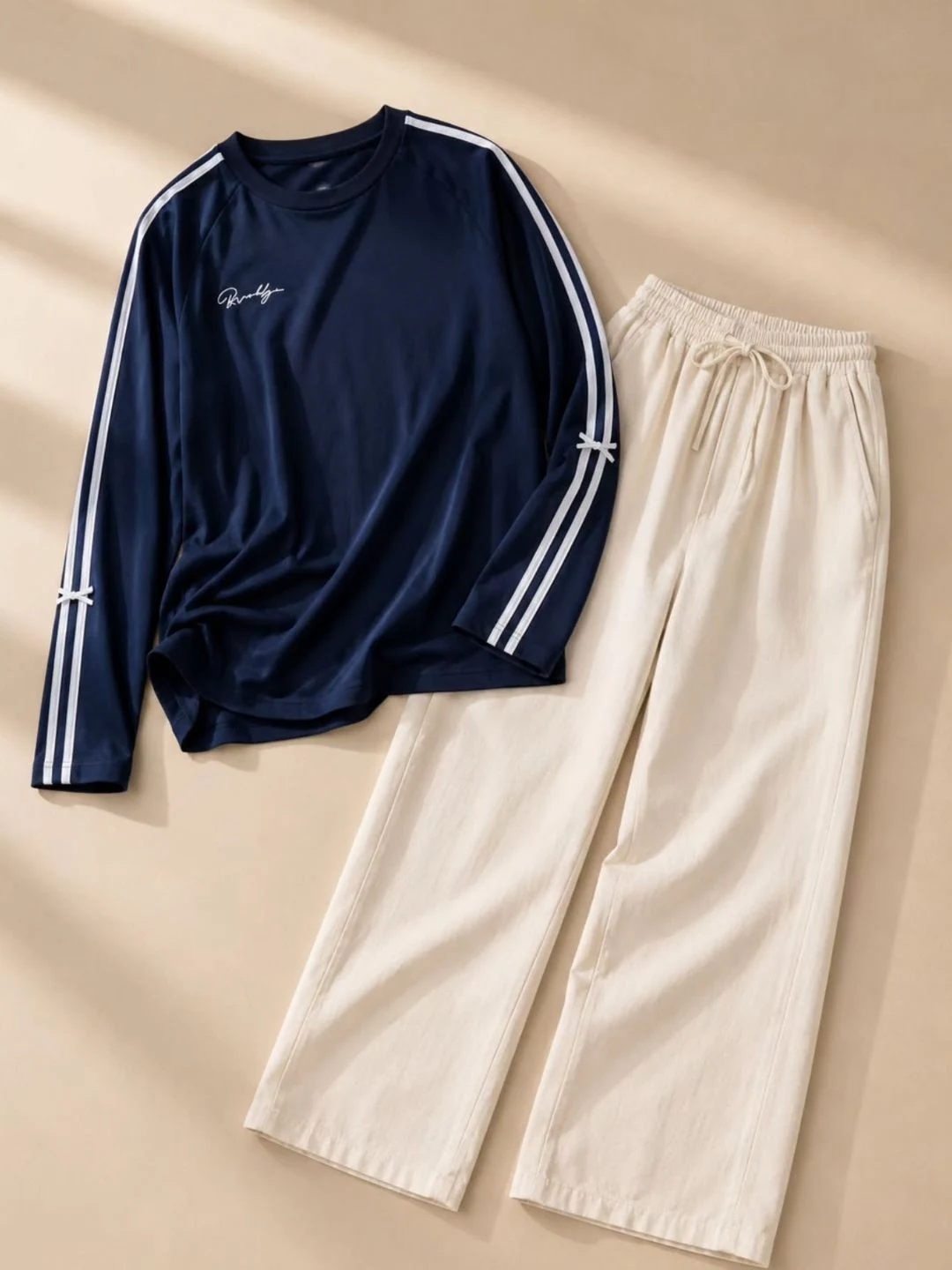 Sporty Side-Stripe Brown Pullover & Cream Trousers Co-Ord - Image 2