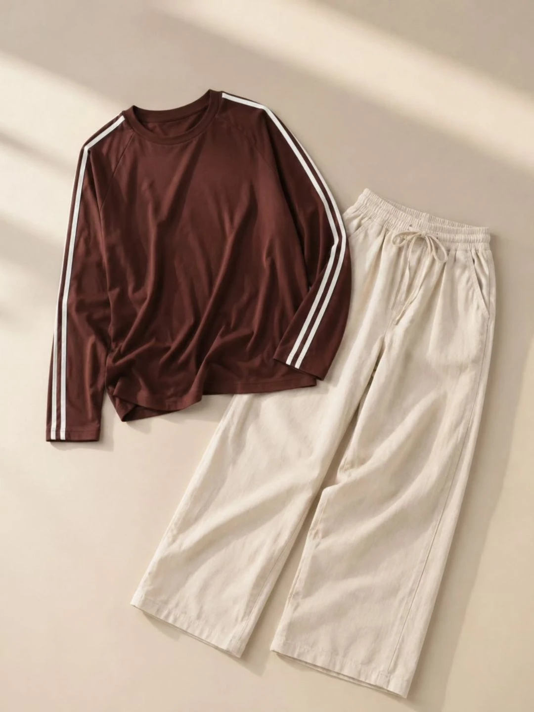 Sporty Side-Stripe Brown Pullover & Cream Trousers Co-Ord