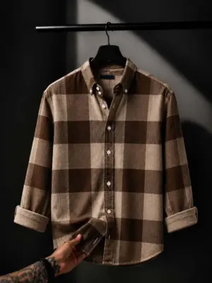 Men Brown and Tan Patterned Check Plaid Full-Sleeve Casual Shirt
