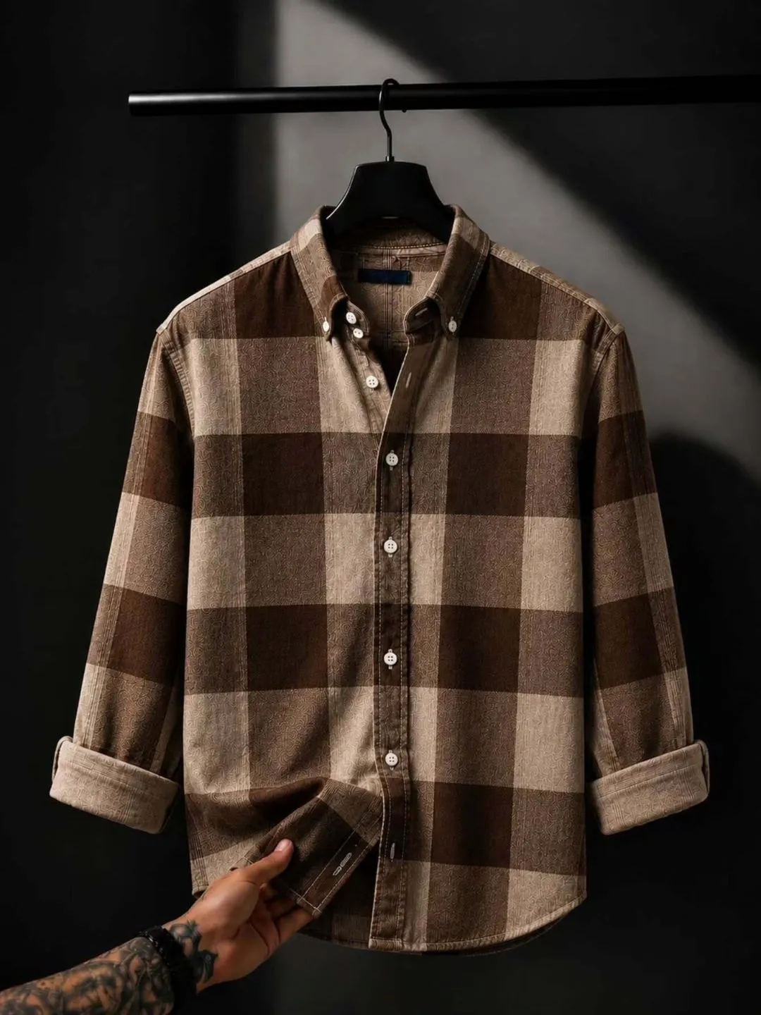 Men Brown and Tan Patterned Check Plaid Full-Sleeve Casual Shirt