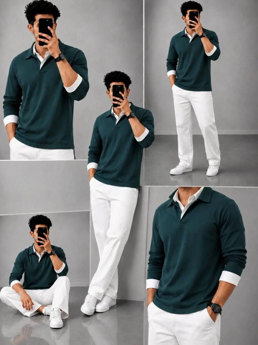 Men Colorblock Half-Zip Knit Polo Shirt with Brown Trousers - Image 4