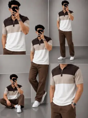 Men Colorblock Half-Zip Knit Polo Shirt with Brown Trousers