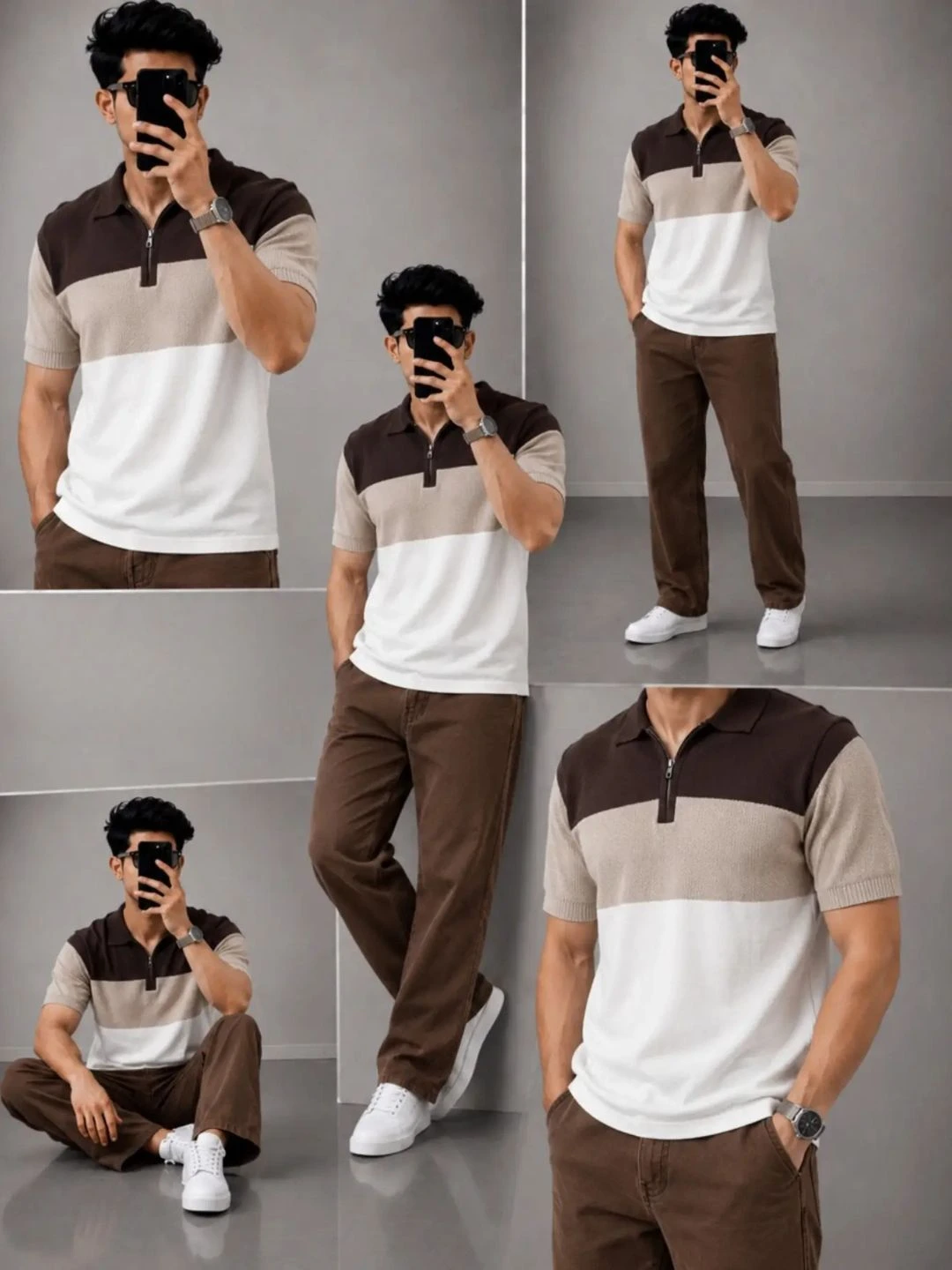 Men Colorblock Half-Zip Knit Polo Shirt with Brown Trousers