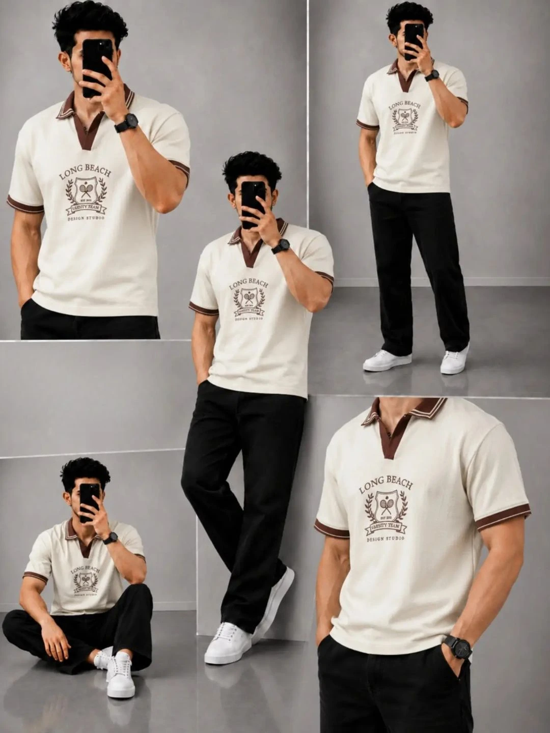 Men Colorblock Half-Zip Knit Polo Shirt with Brown Trousers - Image 3