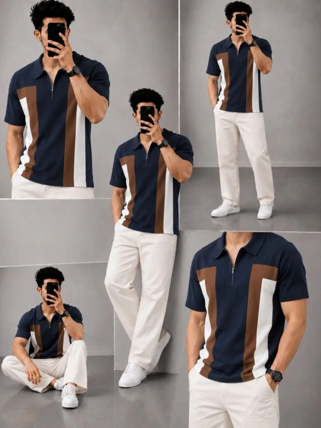 Men Colorblock Half-Zip Knit Polo Shirt with Brown Trousers - Image 5