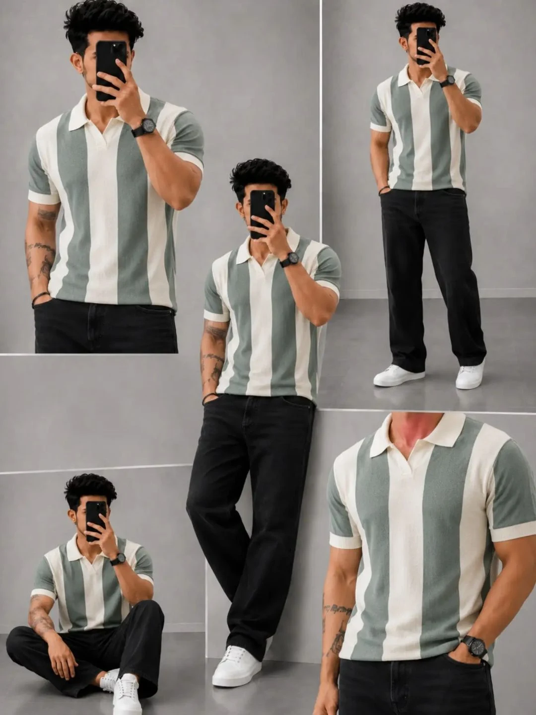 Men Colorblock Half-Zip Knit Polo Shirt with Brown Trousers - Image 2