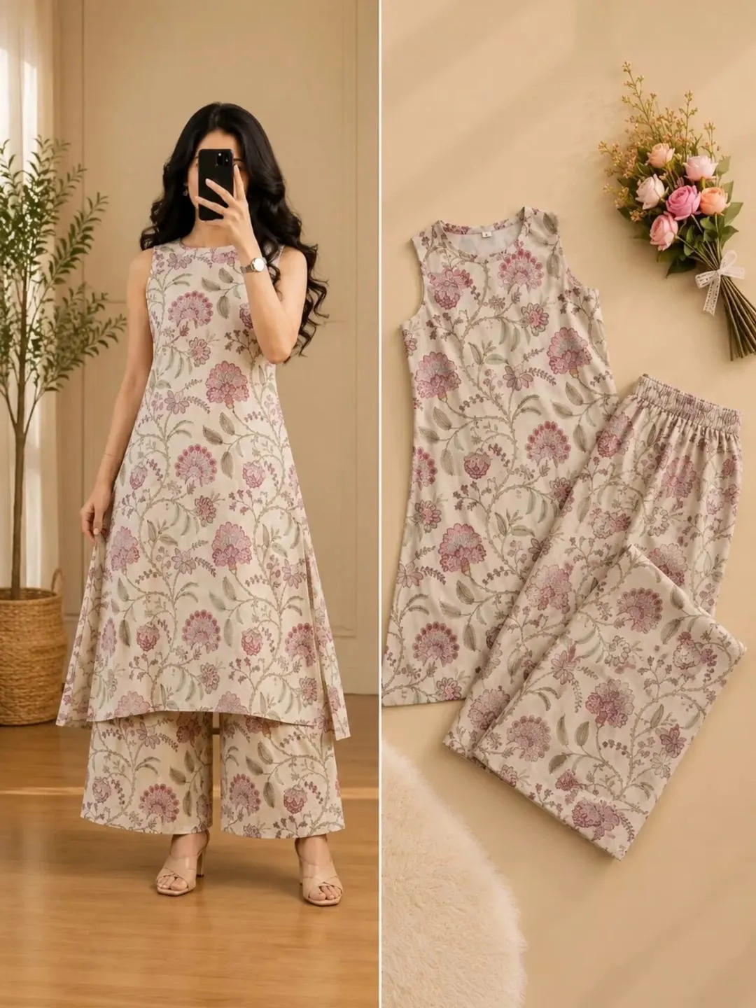 Women Sleeveless A-Line Kurta with Matching Printed Palazzo Pants Co-Ord Set - Image 2