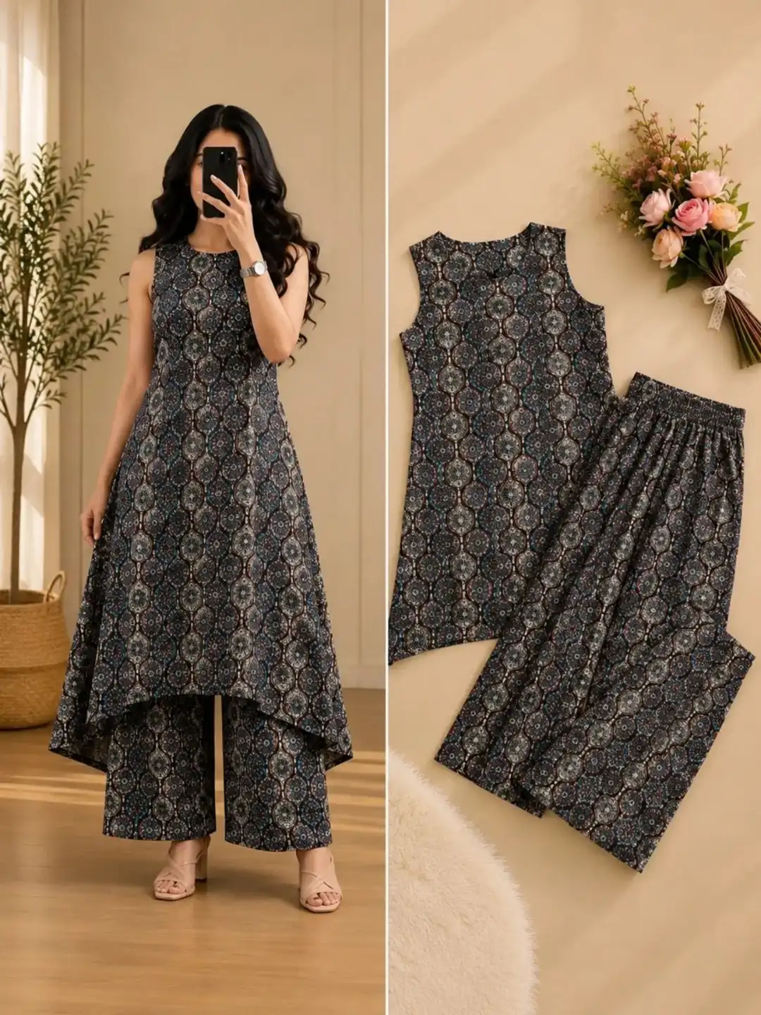 Women Sleeveless A-Line Kurta with Matching Printed Palazzo Pants Co-Ord Set - Image 5