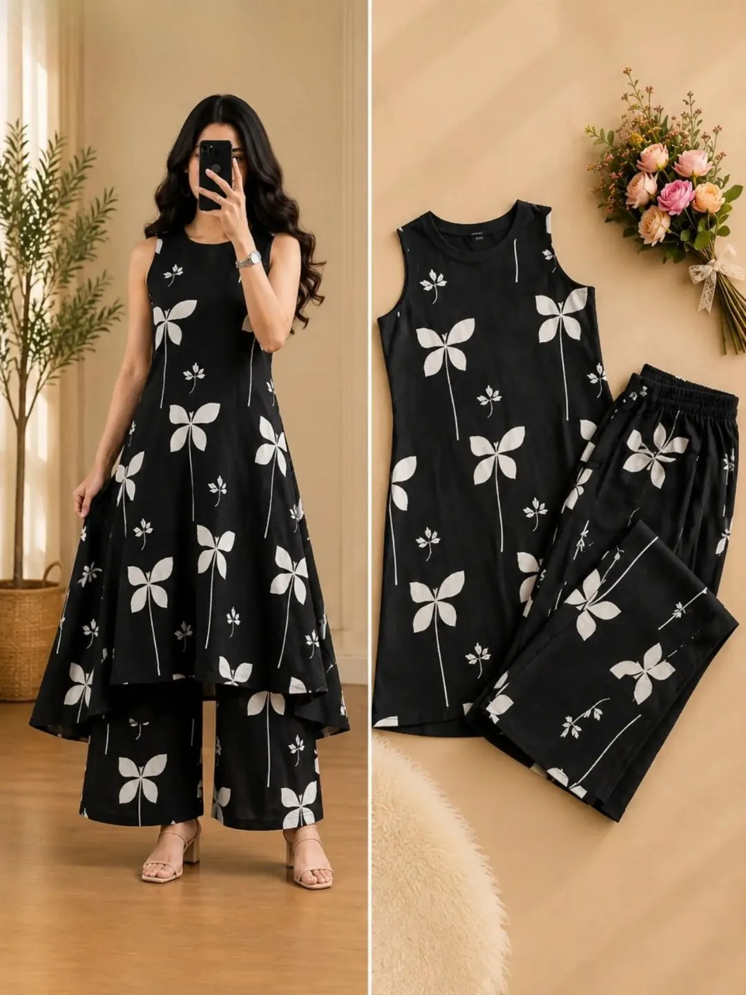 Women Sleeveless A-Line Kurta with Matching Printed Palazzo Pants Co-Ord Set - Image 3