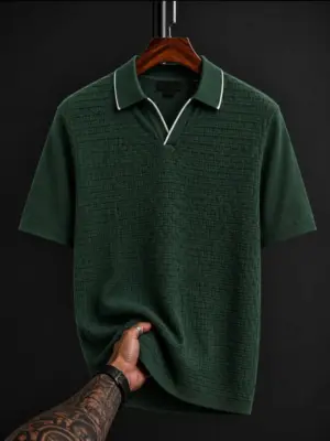 Men Short-Sleeve Textured Knit Polo Shirt with Contrast Piping Trim