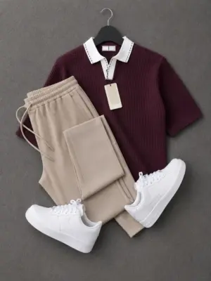 Short-Sleeve Knit Polo T-shirt with Contrast Stitched Collar and Matching Joggers Set