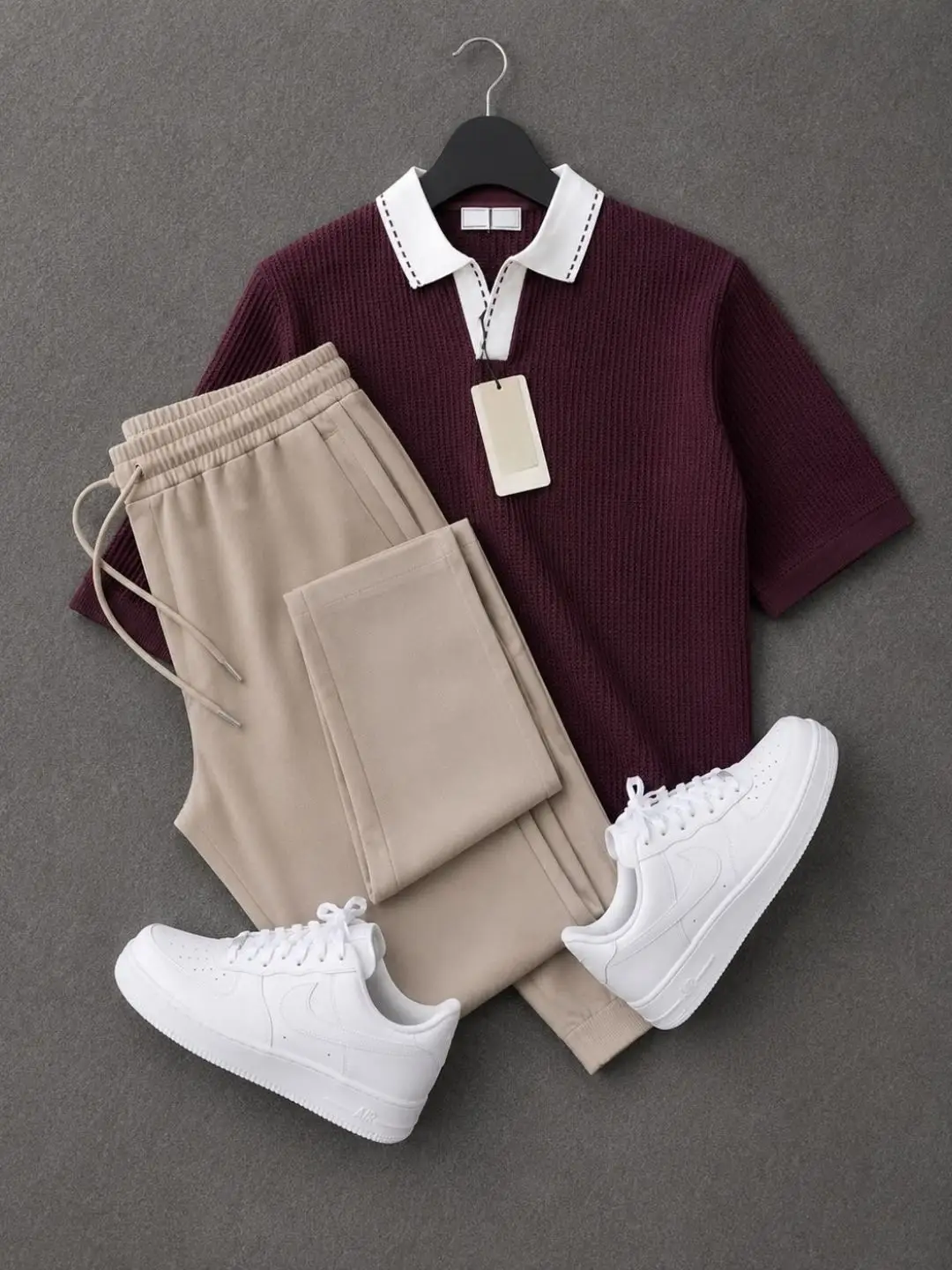 Short-Sleeve Knit Polo T-shirt with Contrast Stitched Collar and Matching Joggers Set