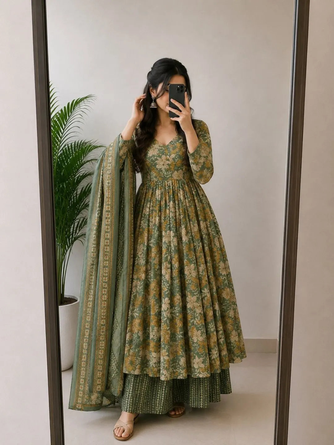 Three-Piece Embroidered V-Neck Flared Anarkali Kurta with Palazzo Pants