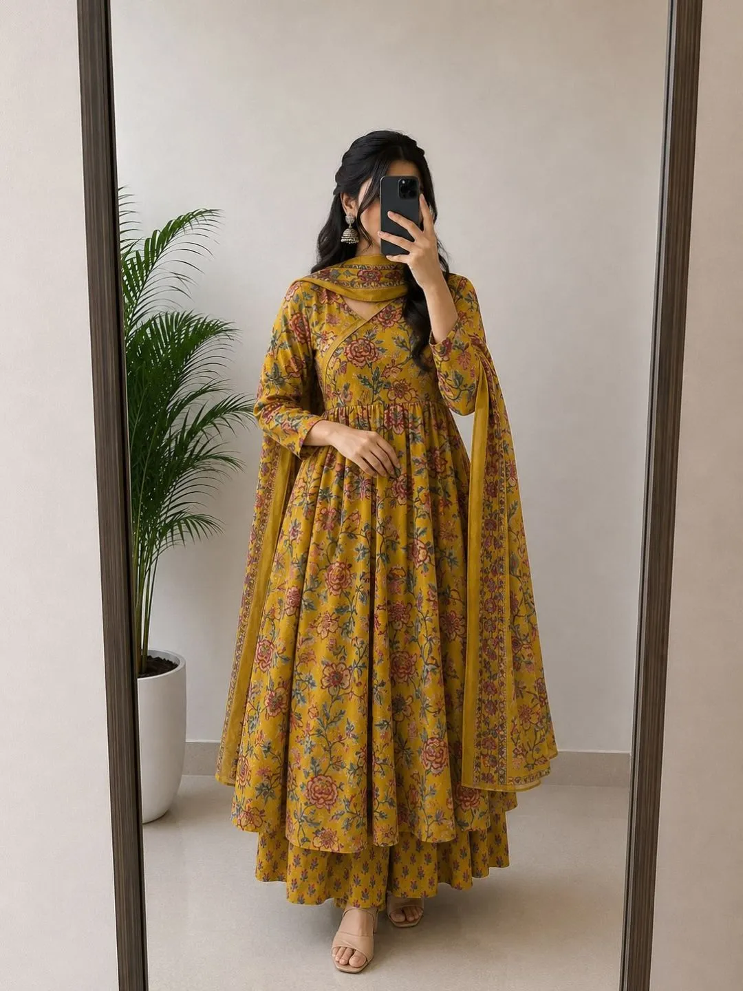Three-Piece Embroidered V-Neck Flared Anarkali Kurta with Palazzo Pants - Image 3