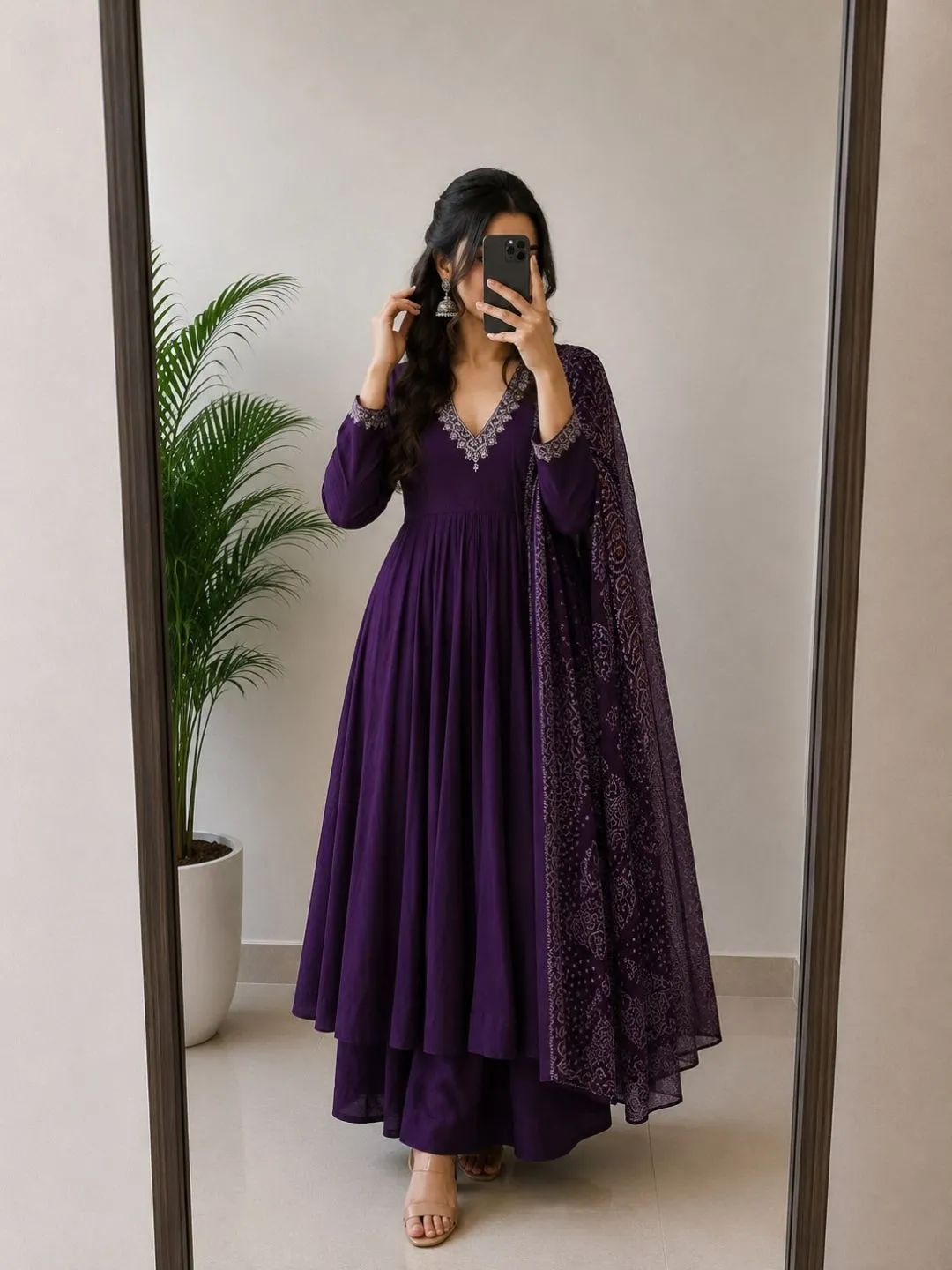 Three-Piece Embroidered V-Neck Flared Anarkali Kurta with Palazzo Pants - Image 4