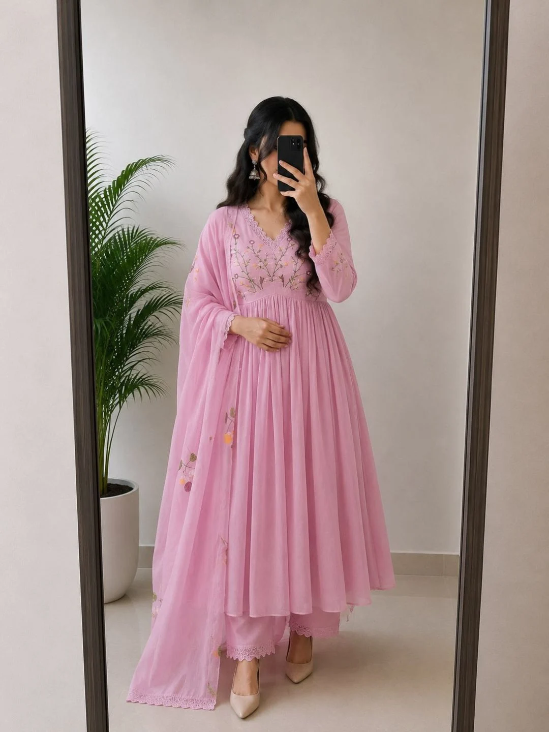 Three-Piece Embroidered V-Neck Flared Anarkali Kurta with Palazzo Pants - Image 5