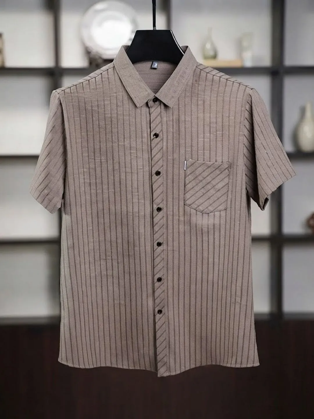 Taupe Striped Short-Sleeve Casual Shirt