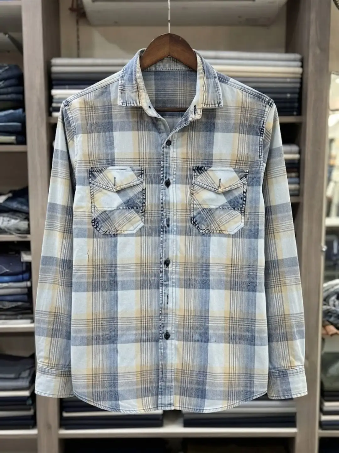 Rustic Plaid Button-Down Shirt with Denim Accents - Image 2