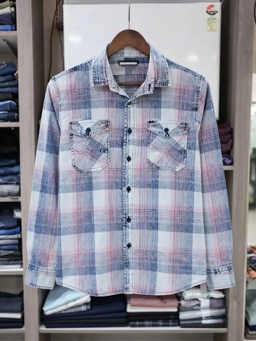 Rustic Plaid Button-Down Shirt with Denim Accents - Image 3