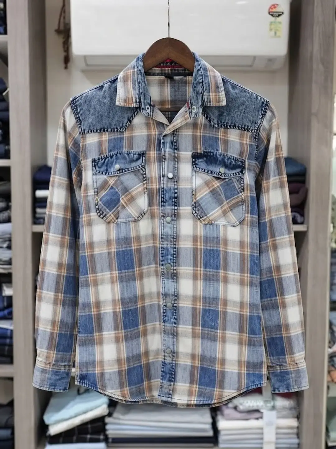 Rustic Plaid Button-Down Shirt with Denim Accents - Image 4