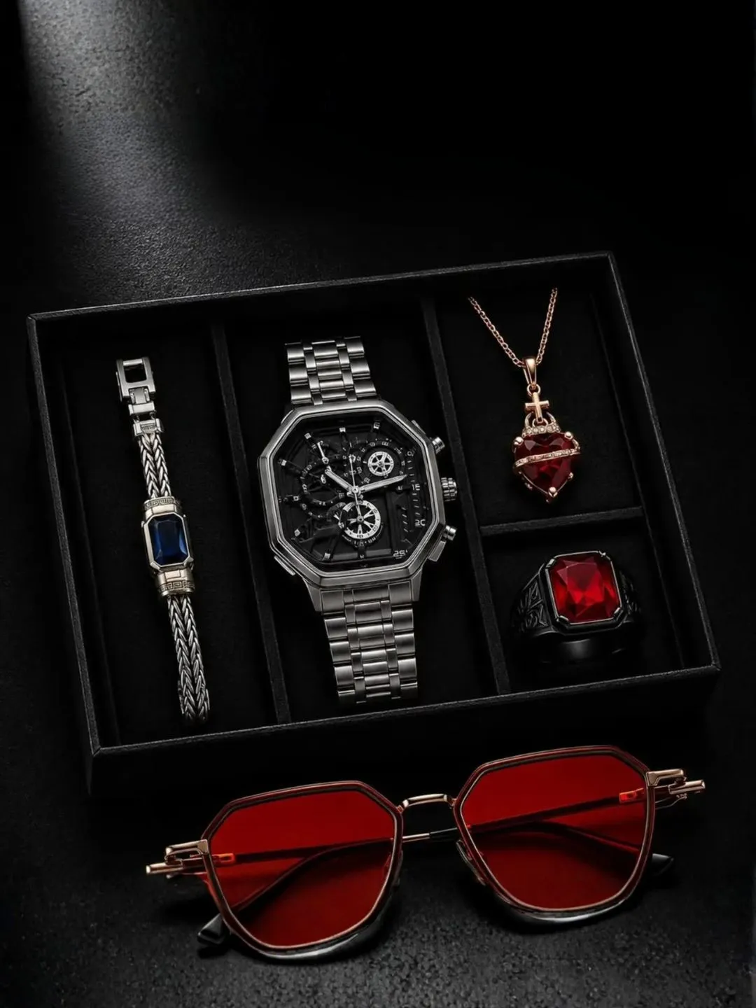 Gothic Crimson & Black Luxury Men Watch and Accessory Set - Image 2