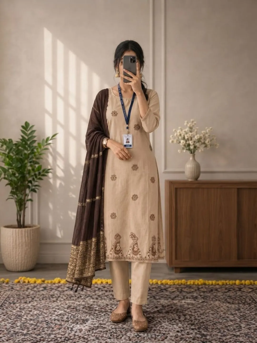 Three-Piece Foil-Printed Straight Kurta with Trousers and Zari-Bordered Dupatta Set - Image 2