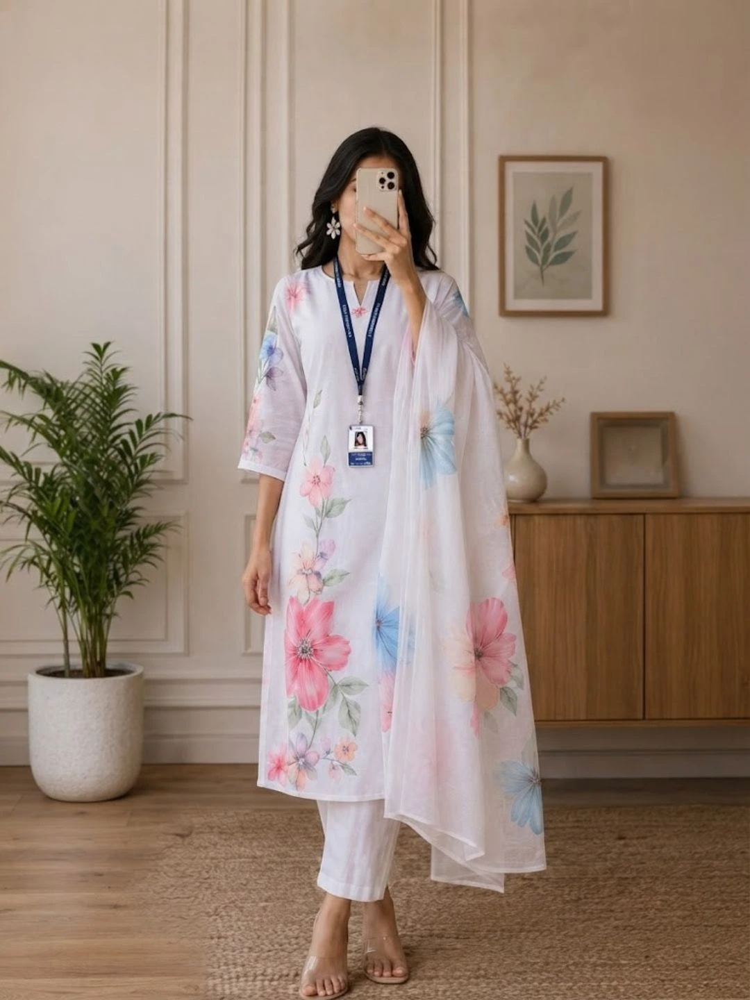 Three-Piece Foil-Printed Straight Kurta with Trousers and Zari-Bordered Dupatta Set - Image 5