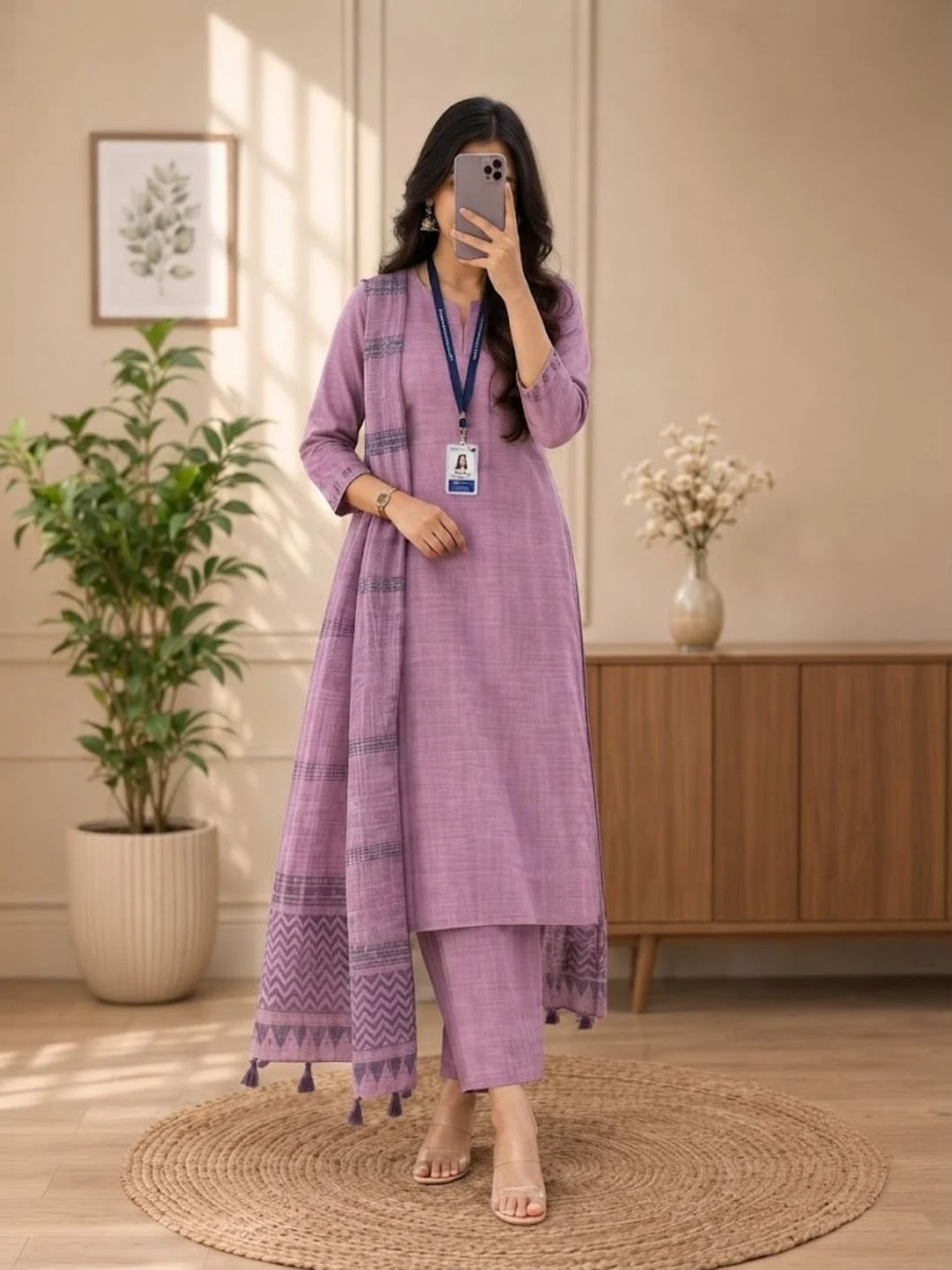 Three-Piece Foil-Printed Straight Kurta with Trousers and Zari-Bordered Dupatta Set - Image 3