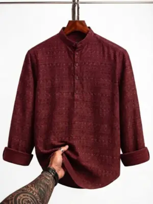 Long-Sleeve Mandarin Collar Textured Short Kurta Shirt