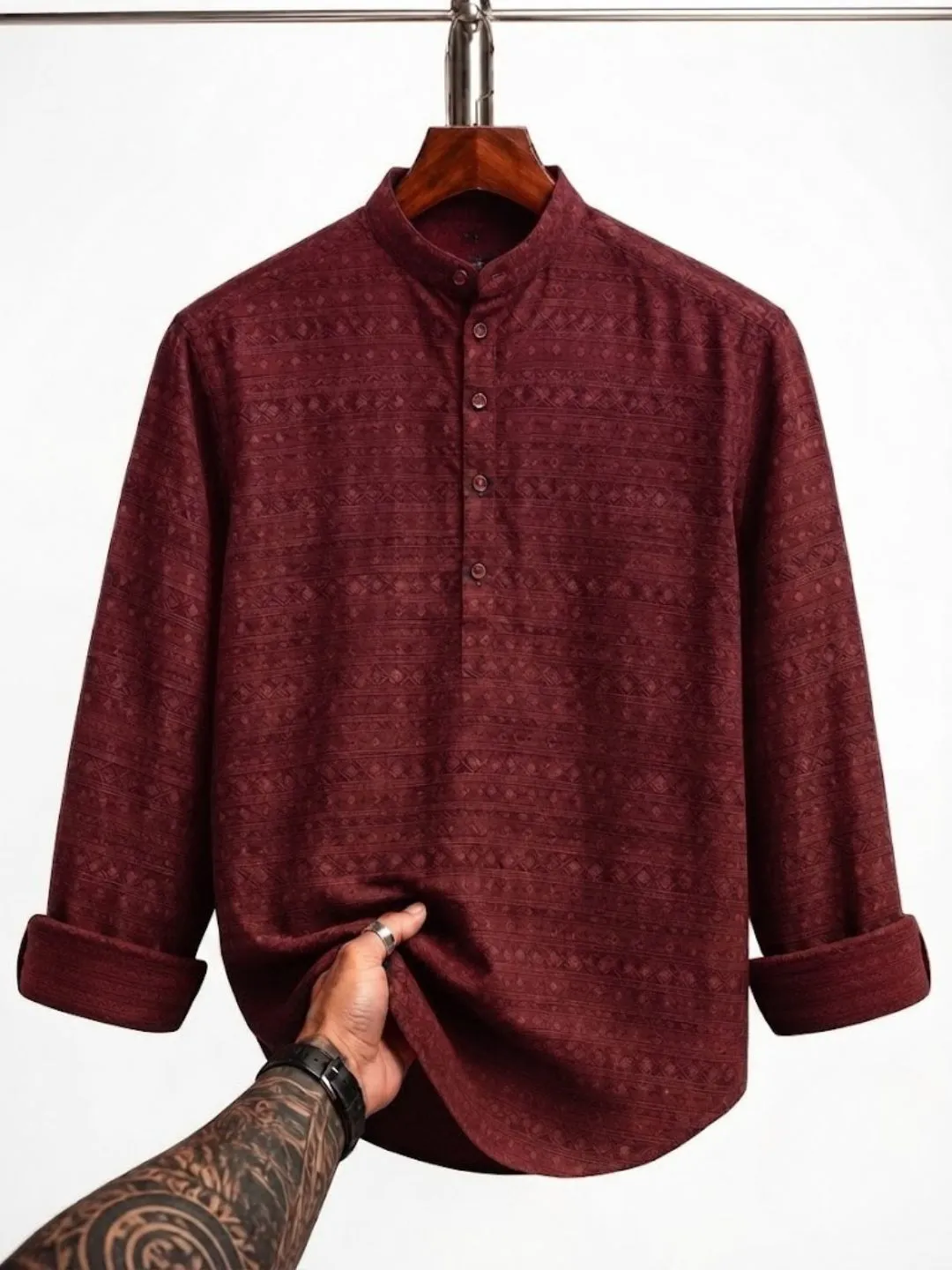 Long-Sleeve Mandarin Collar Textured Short Kurta Shirt