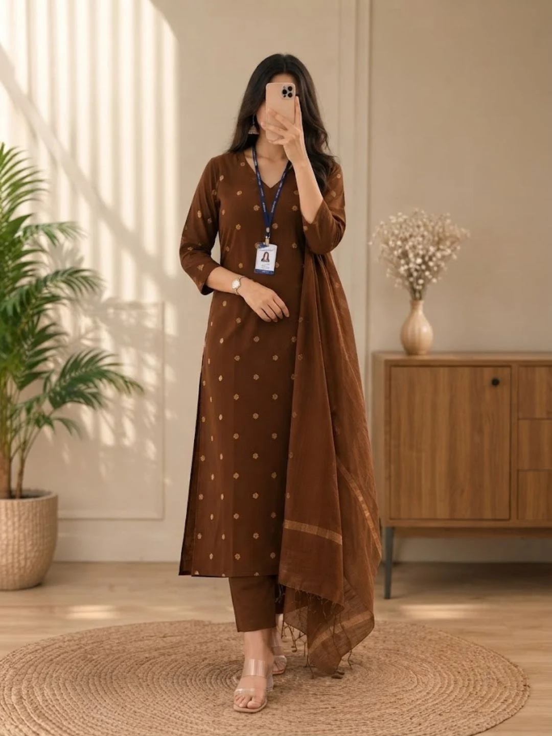 Three-Piece Foil-Printed Straight Kurta with Trousers and Zari-Bordered Dupatta Set - Image 4