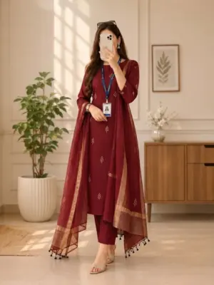 Three-Piece Foil-Printed Straight Kurta with Trousers and Zari-Bordered Dupatta Set