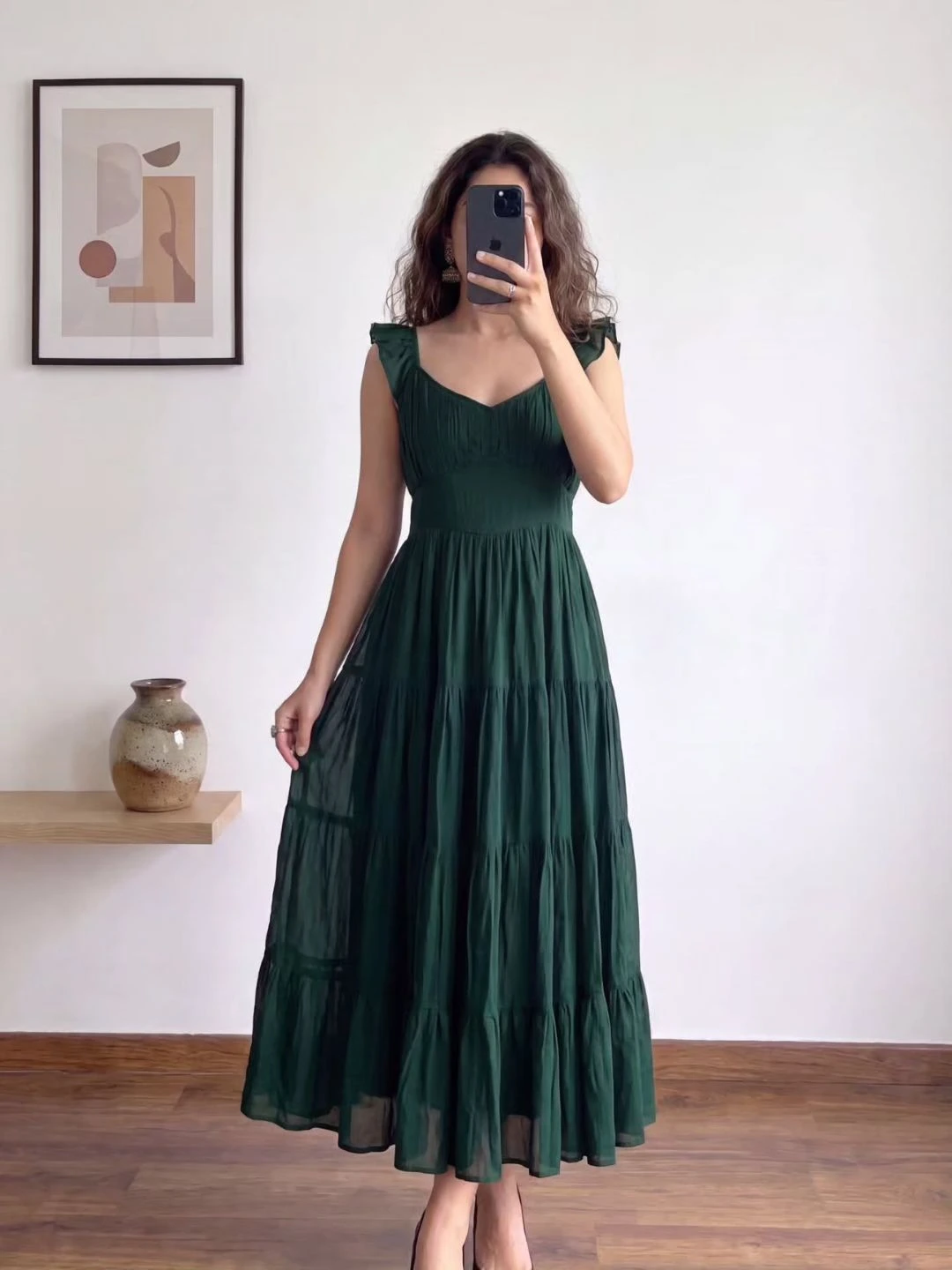 Women Short Puff-Sleeve V-Neck Flared Maxi Dress - Image 5