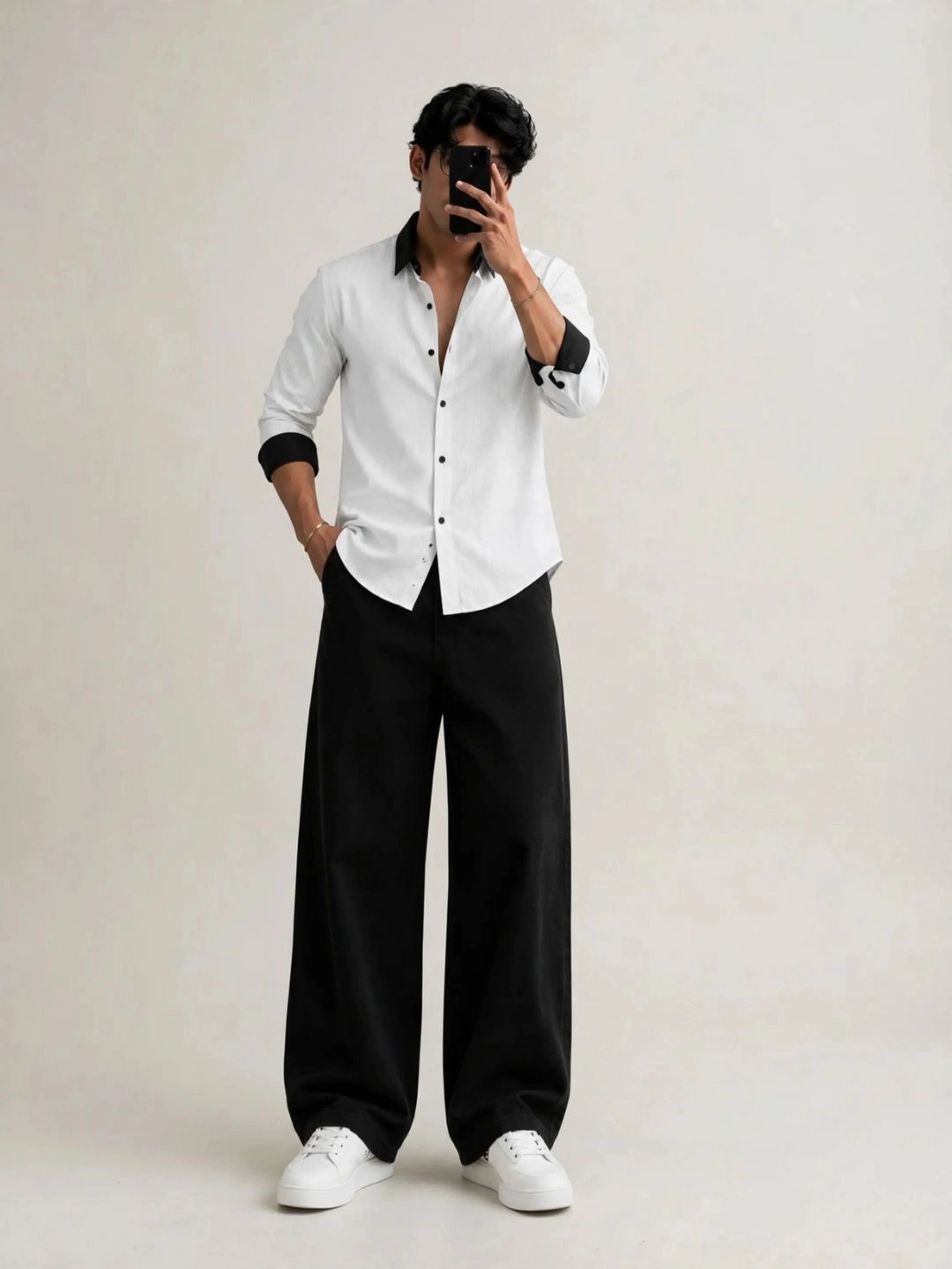 Long-Sleeve Button-Down Shirt with Contrast Collar - Image 4