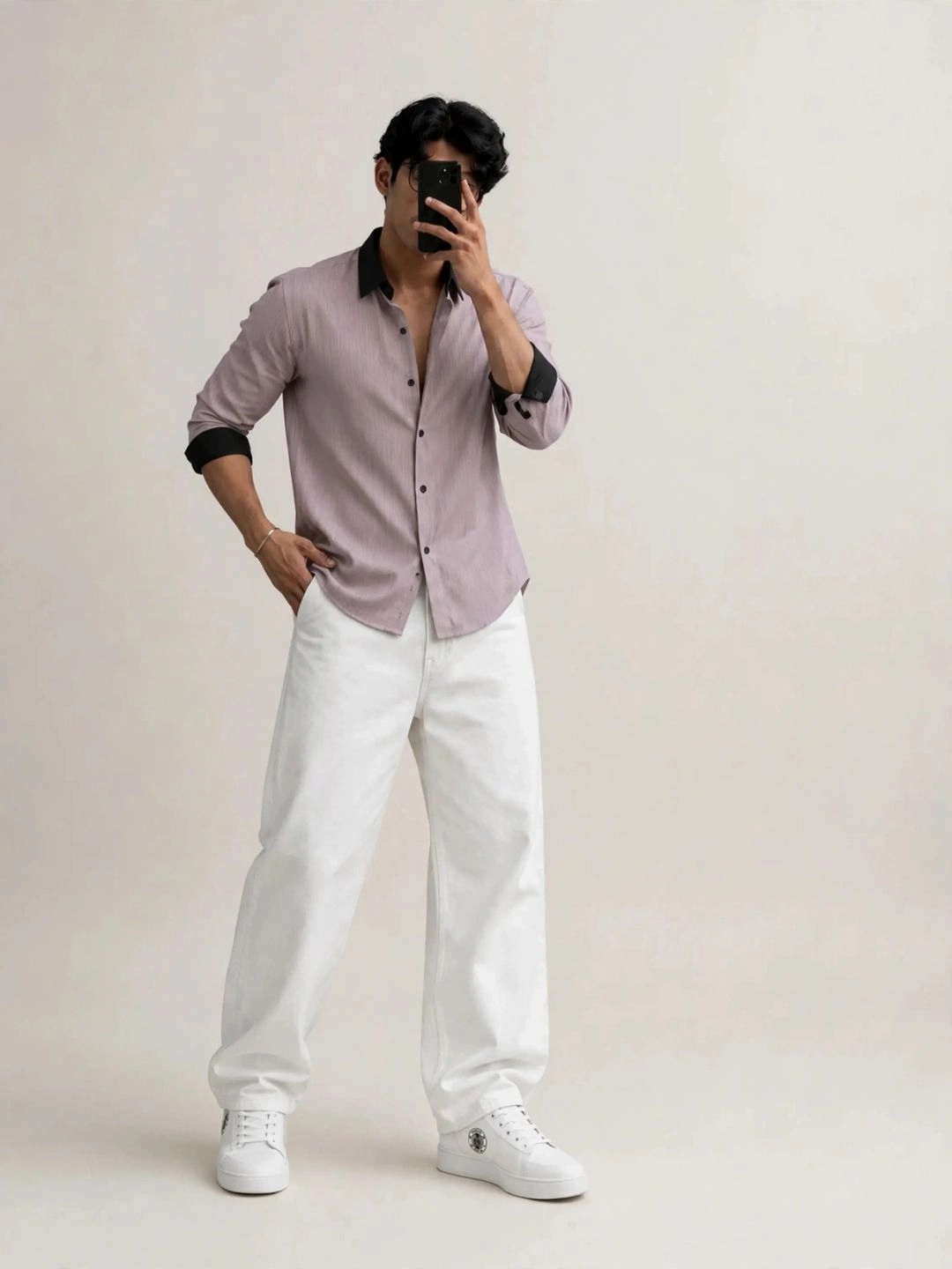 Long-Sleeve Button-Down Shirt with Contrast Collar - Image 2