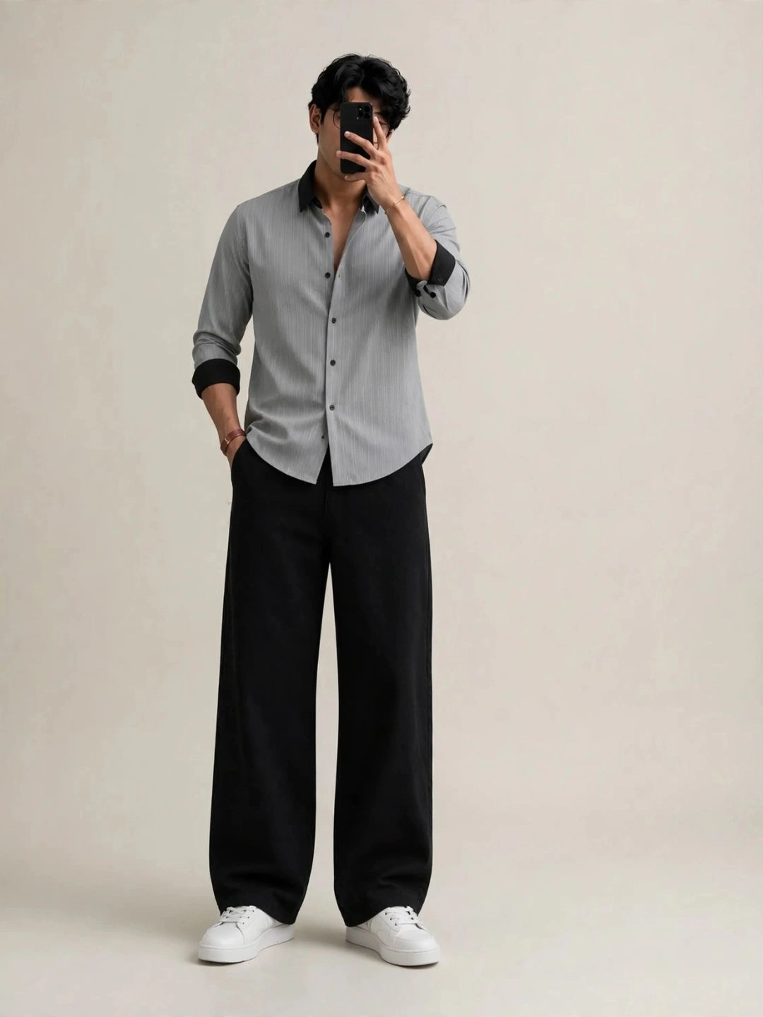 Long-Sleeve Button-Down Shirt with Contrast Collar - Image 3