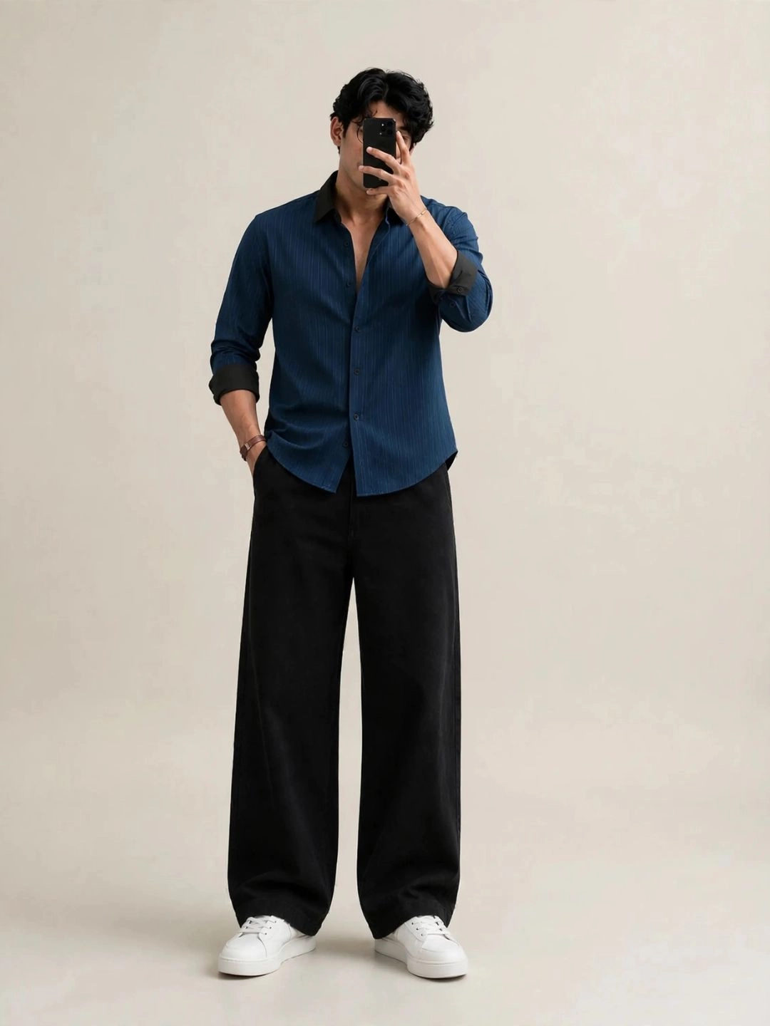 Long-Sleeve Button-Down Shirt with Contrast Collar