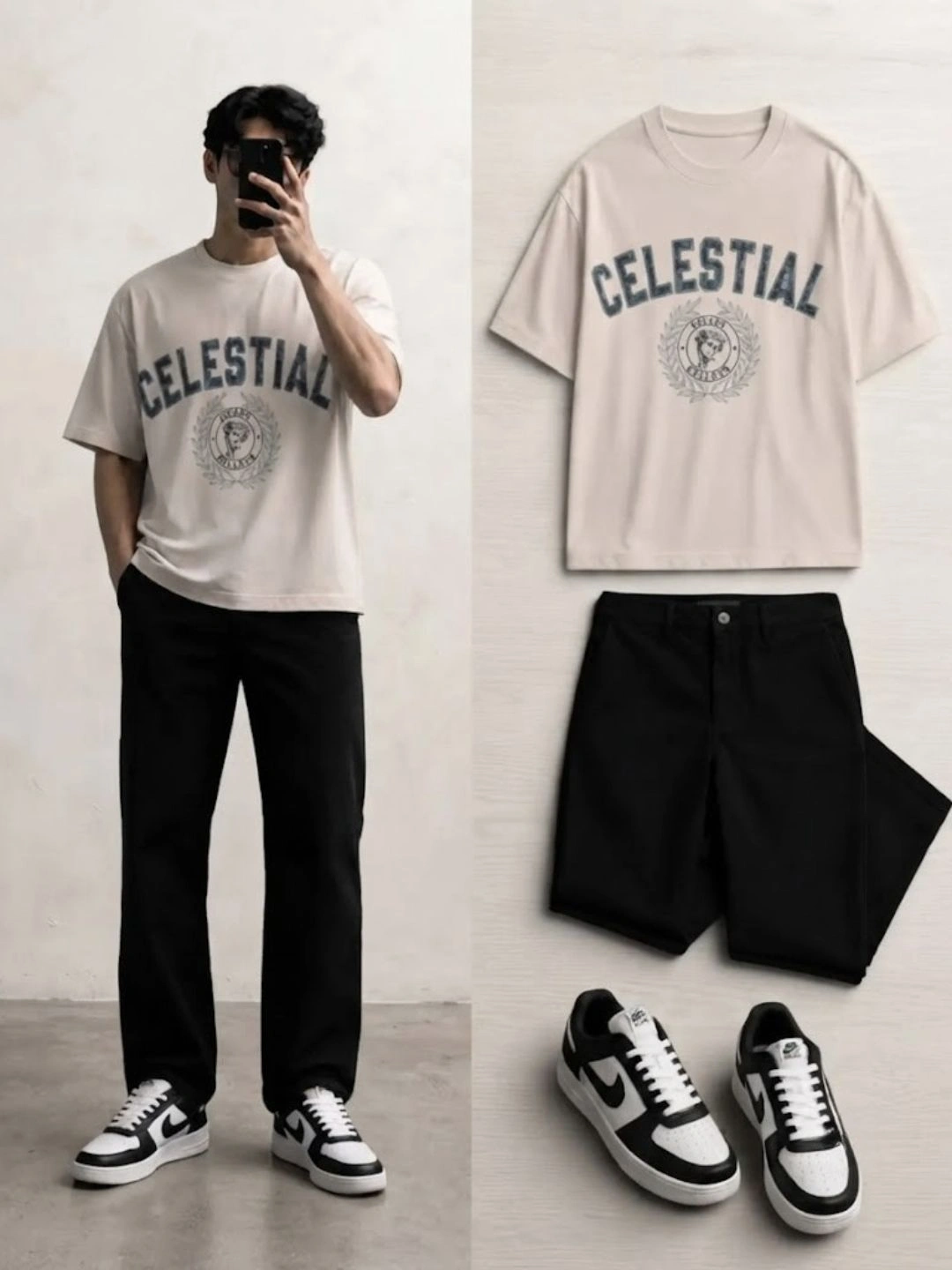 Short-Sleeve Graphic Chest Block T-Shirt with Relaxed Dark Trousers Set - Image 3