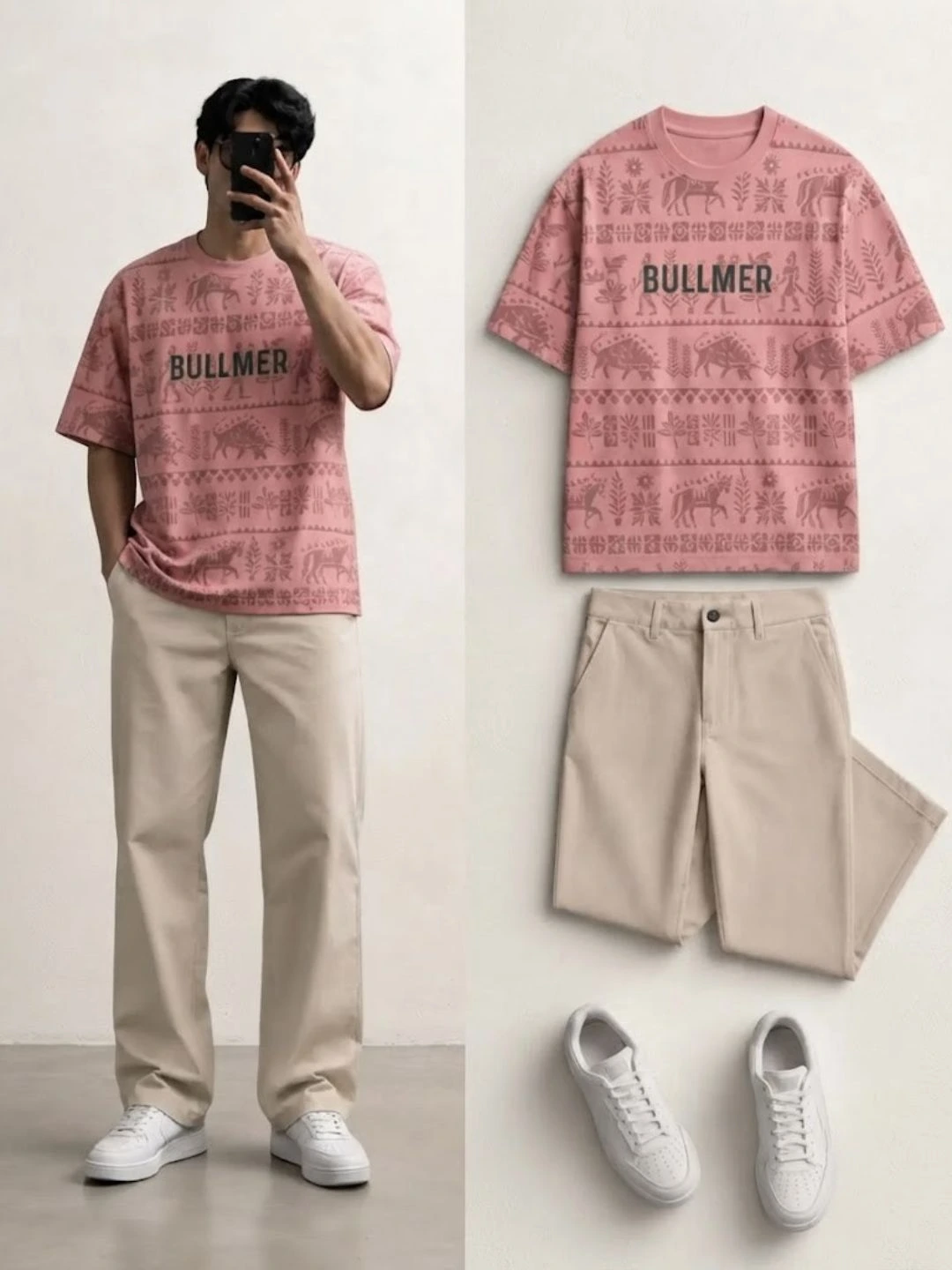 Short-Sleeve Graphic Chest Block T-Shirt with Relaxed Dark Trousers Set - Image 4