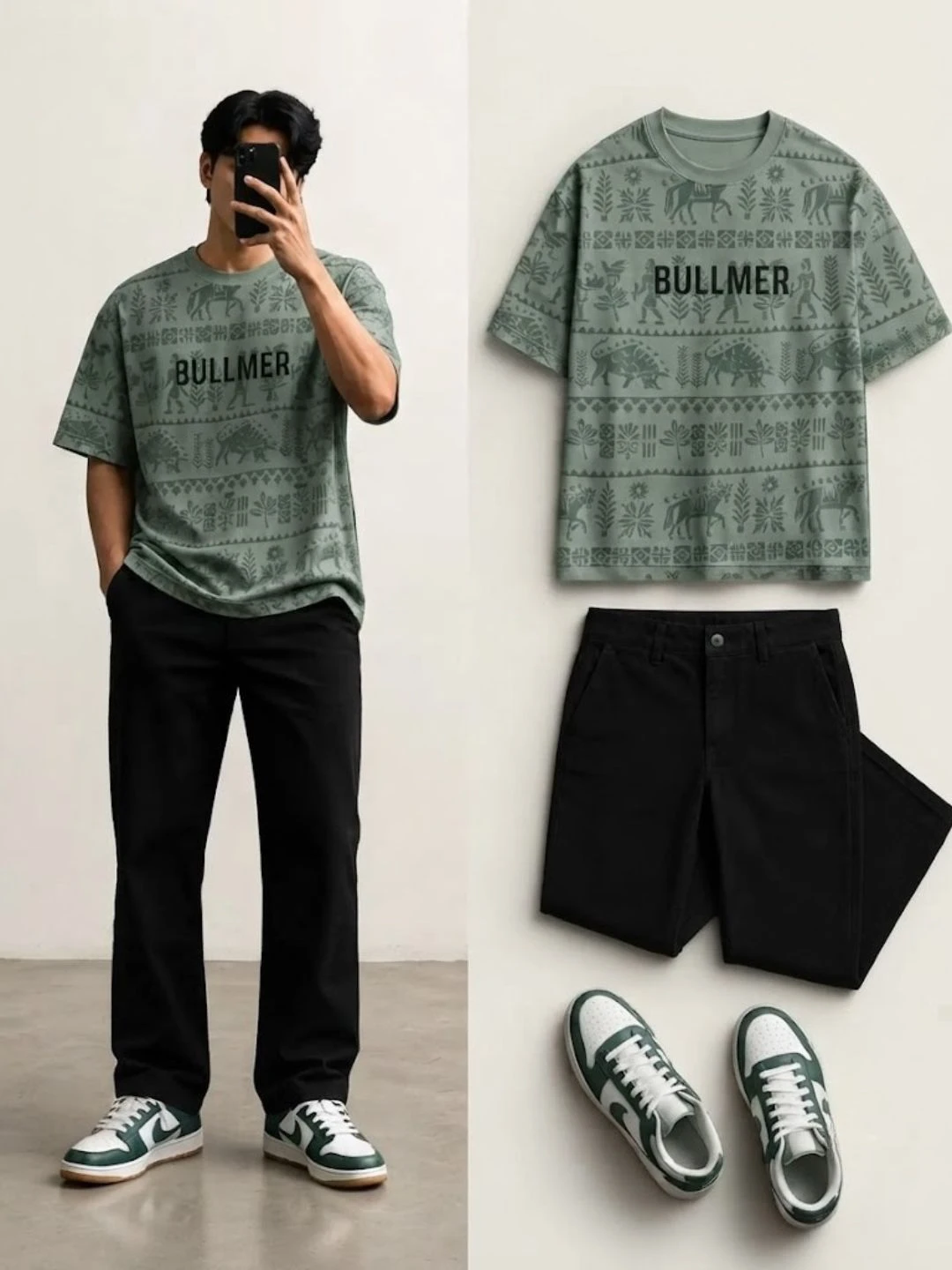 Short-Sleeve Graphic Chest Block T-Shirt with Relaxed Dark Trousers Set - Image 2